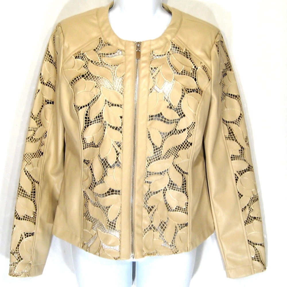 BAGATELLE COLLECTION BEIGE SOFT FAUX LEATHER COMFORT SPRING EMBROIDERY JACKET - Picture 1 of 6
